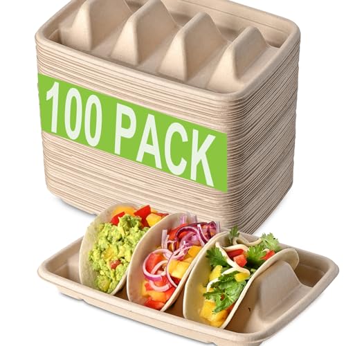 100 Pack Disposable Taco Party Plates, Paper Taco Holder with 3 Dividers