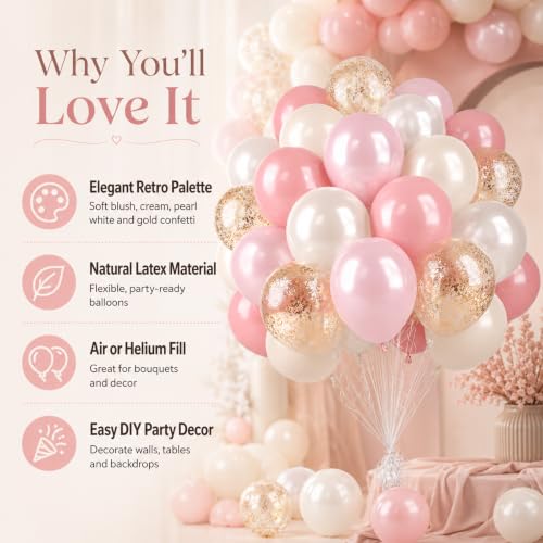 Image of Biapian Pink And Gold Balloons, 50Pcs 12 Inch Retro Blush Pink Cream White Double Stuffed Metallic Gold Confetti Boho Ballon For Birthday Bridal Shower Wedding Party Decorations