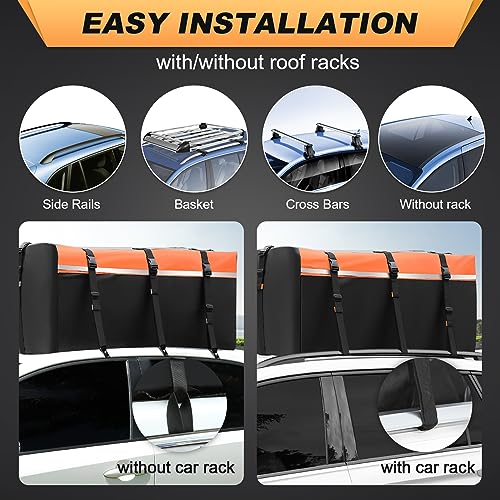 Sailnovo Box Da Tetto Per Auto, 21 Piedi Cubi, Pieghevole, Con Tappetino Antiscivolo, 6 Ganci Per Porta, In Pvc 1000D, Per Auto Con/Senza Barra Trasversale Per Portapacchi (Arancione) - 3