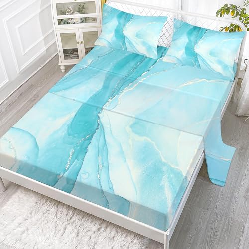 EDGZKO Sheet Set Blue Marble: Queen Size Aqua Blue Bed Sheets for Teen Girls Kids Women Deep Pocket Baby Blue Marbling 4PC Bedding Sets with 1 Flat Sheet & 1 Fitted Sheet & 2 Pillowcases