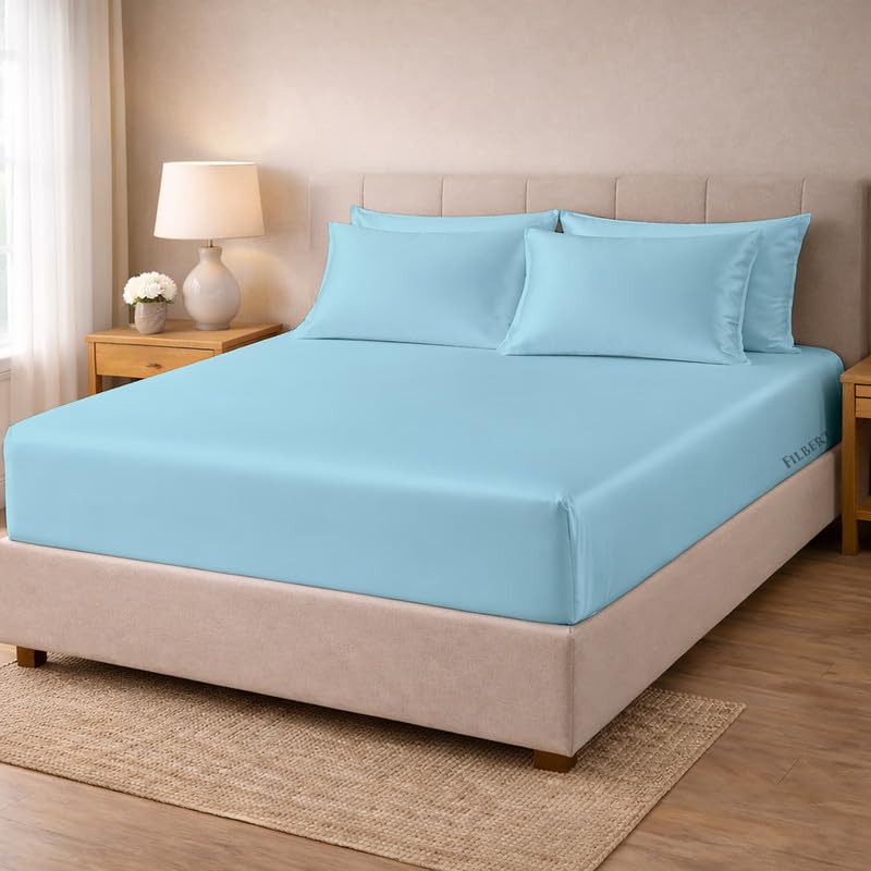 Image of Filbert - Premium Satin Fitted Bedsheet Single Bed (36x75 Inch) with 1 Pillow Cover | Hypoallergenic Breathable | Hair and Skin Friendly, Women Gift Choice|Dreamy Blue