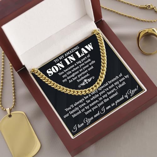 Son In Law Necklace From Mom, Son In Law Gifts From Mother, Cuban Chain Necklace With Message Card For Him On Wedding Birthday Christmas Anniversary4