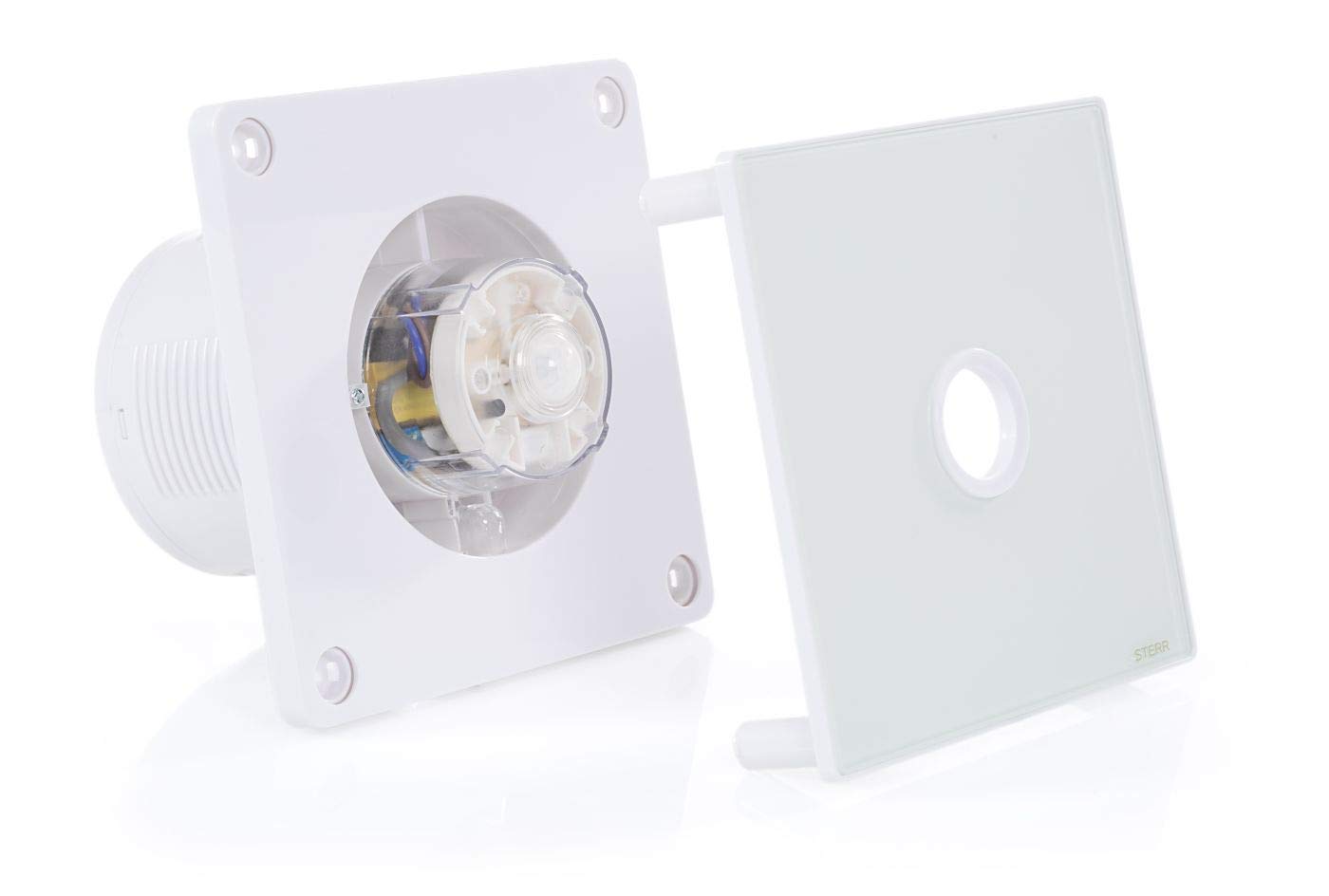 STERR Ventilateur de Salle de Bain Blanc 100 mm avec PIR - Ventilateur de Salle de Bain - Façade en Verre - Look Moderne - BFS100P - 10W
