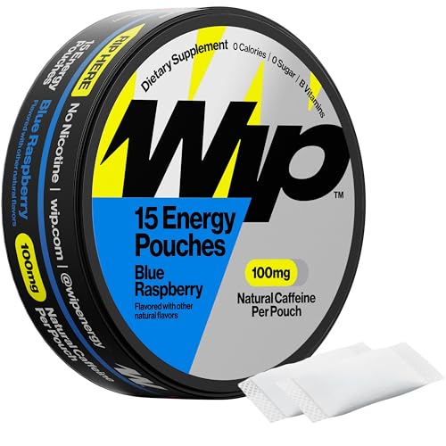 Image of Wip Energy Pouches, Sugar Free Blend with 100 MG Natural Caffeine, B Vitamins, Minerals & L Theanine for Energy Support, Pre Workout for Active Lifestyles, Blue Raspberry, 1 Can, 15 Pouches