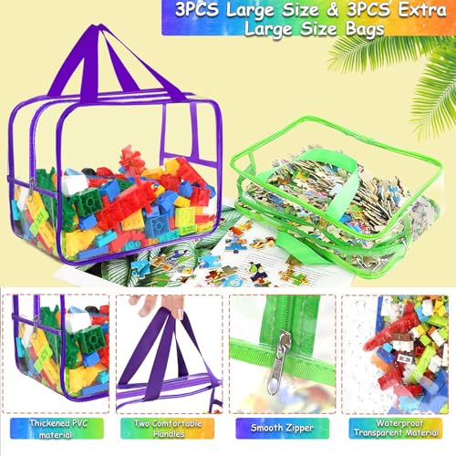 6 Colors Large Toy Storage Bags with Labels, Reusable Clear PVC Board Game Storage, Travel Waterproof Organizer Bags with Zipper for Building Blocks, Puzzle, Kids Books(3 large & 3 Widen X-Large) by OPELETNNT - Image 3