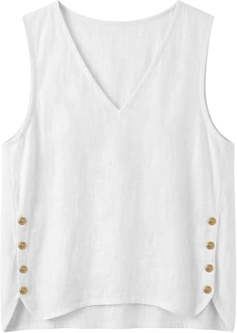 JOAU Tank Top for Women Trendy Beach Vacation Clothes Summer Sleeveless V Neck Side Button Boho Shirts Dressy Casual Blouse