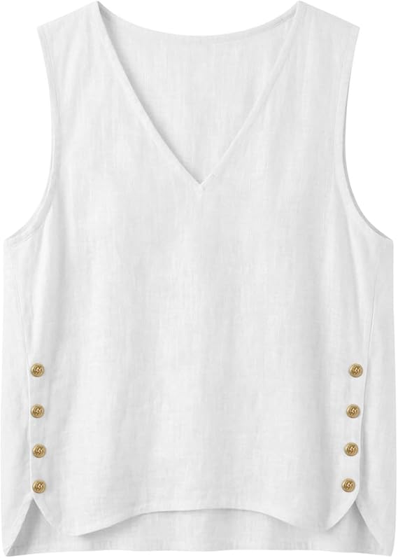 JOAU Tank Top for Women Trendy Beach Vacation Clothes Summer Sleeveless V Neck Side Button Boho Shirts Dressy Casual Blouse