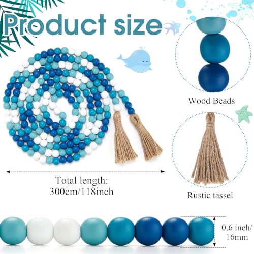 Image of Equsion Wooden Bead Garland with Tassels, Extra Long Fireplace Wood Bead Garlands Rustic Farmhouse Vintage Boho Beads Garland for Party Home Decor Tiered Tray Decorative Beads(Gradient Blue)