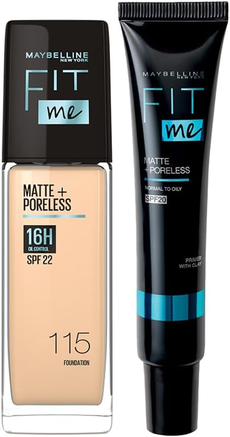 Maybelline New York 16 HR Matte Base Duo, Prep + Blend Makeup Combo, Fit Me Foundation 115 (30ml)+ Fit Me Matte + Poreless Primer (30ml)