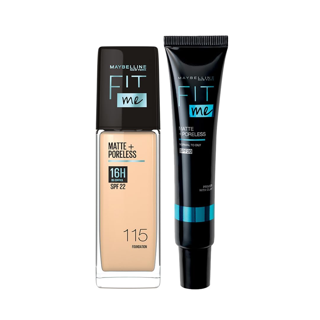 Maybelline New York 16 HR Matte Base Duo, Prep + Blend Makeup Combo, Fit Me Foundation 115 (30ml)+ Fit Me Matte + Poreless Primer (30ml)