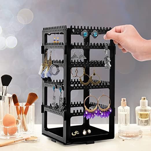 Image of DecoLogy 360 Rotating Transparent Acrylic Jewelry Organizer Tower | Earring Holder Stand with Necklace, Ring & Bracelet Storage | Dust-Free Jewelry Display Organizer for Women | 1 Piece (Black)