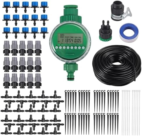 CAMWAY Irrigation System 25M/82ft 4mm Include Watering Timer, Garden Automatic Watering Kit, Easy Drip Micro Kit for Garden Greenhouse Hanging Baskets