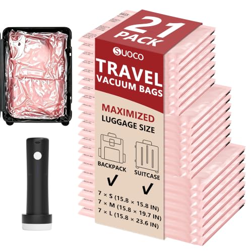 Image of Travel Vacuum Bags for Clothing with Cordless Pump 21 Combo, Pink