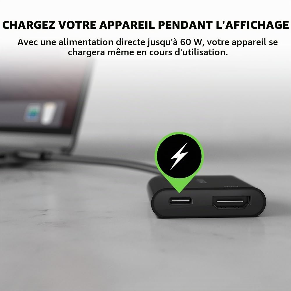 Belkin Adaptateur USB-C vers HDMI + recharge (prise en charge de la vidéo 4K UHD, alimentation Passthrough jusqu’à 60 W pour les appareils connectés, adaptateur HDMI pour MacBook Pro)