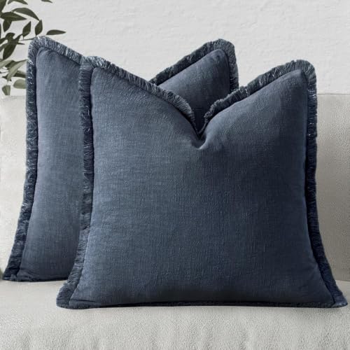 Image of MIULEE Linen Fringe Decorative Euro Throw Pillow Covers Indigo Blue 22x22