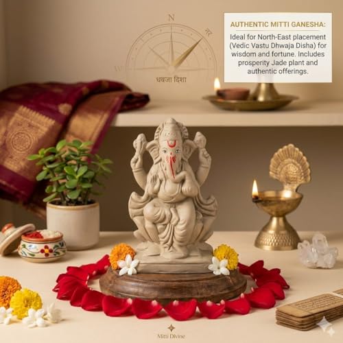 Image of SAUDEEP INDIA 6 Inch Mitti Ganesh Idol | Eco-Friendly Handcrafted Mud /Clay Ganesh Murti | Ganpati Figurine for Visarjan | Biodegradable Lotus Ganesha Statue | Ganesh Chaturthi (Lotus Design)
