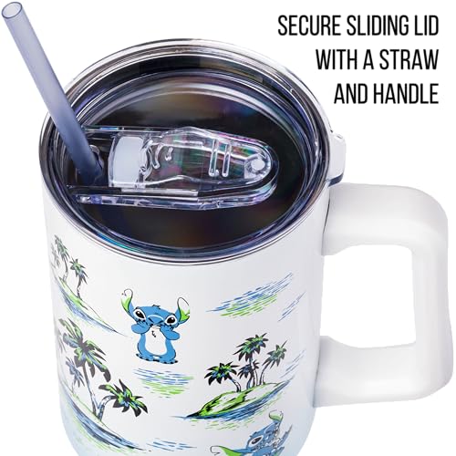 Image of Silver Buffalo Disney Lilo and Stitch Vintage Sketch Palm Trees & Flowers Double Walled Stainless Steel Tumbler with Handle and Straw, Fits in Standard Cup Holder, 40 Ounces (Pack of 12)