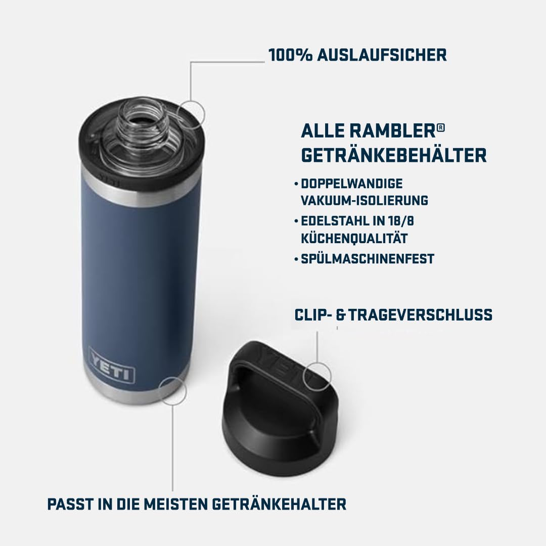 YETI Rambler Trinkflasche 18 oz (532 ml) Stainless Steel – Edelstahl Trinkflasche, Wasserflasche Sport mit Chug–Verschluss, isolierte Sportflasche