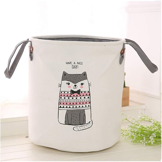 TVMALL Foldable cotton and linen storage bag large laundry basket fashion printing suitable for home storage toys or laundry 35x40cm(Pink cat)