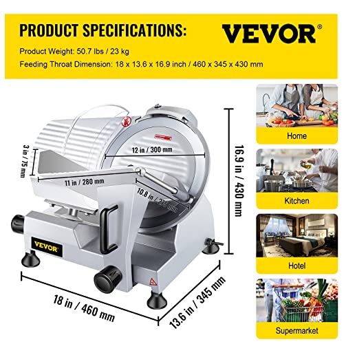 VBENLEM Commercial Meat Slicer,12 inch Electric Meat Slicer Semi-Auto 420W Premium Carbon Steel Blade Adjustable Thickness, Deli Meat Cheese Food Slicer Commercial and for Home use,Sliver