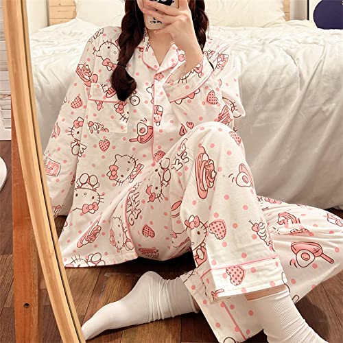 Cute Fashion Long Sleeve Cardigan Pajamas Set Kawaii Leisure Loose Two-Piece Sleepwear Set For Women Girls-M Pink #TOP6