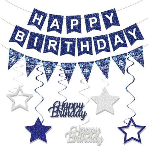 Blue Happy Birthday Banner Birthday Banner for Party Decorations for Women Men Girl Boy, Stars Hanging Swirl Streamers, Birthday Sign Decor Party Decor Party Supplies