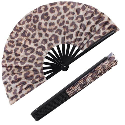 Plzoslly Abanico de mano plegable grande para hombres y mujeres, ventilador de mano para rave, ventilador de mano Clack Summer Rave para fiesta de discoteca, playa, baile, regalo (leopardo)