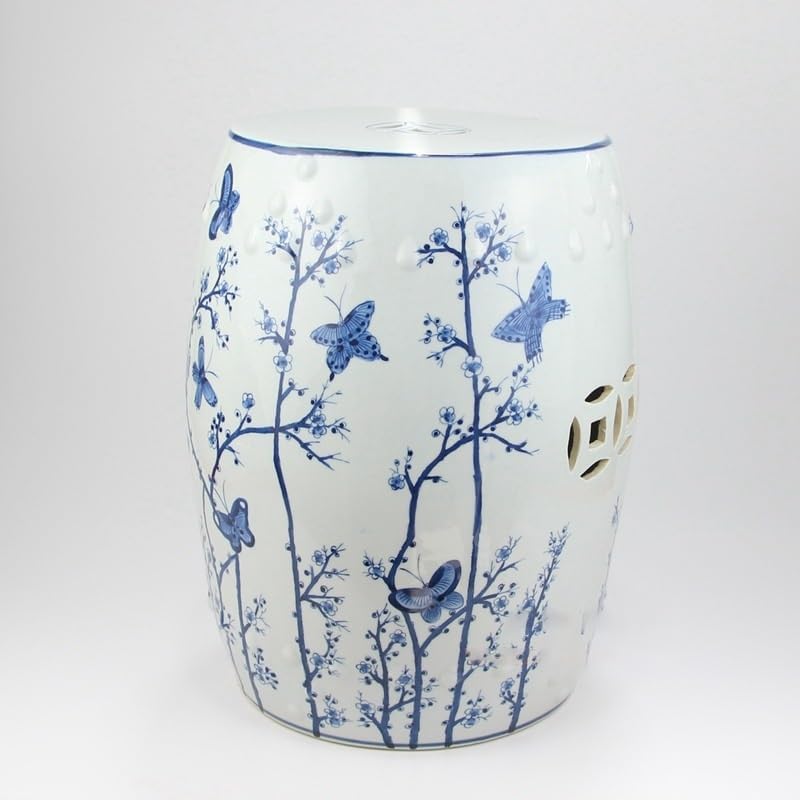 Garden Stool Ceramic Garden Stool, Hand-Painted Blue and White Lotus Design, Decorative Porcelain Drum Stool Ottomans(RZMV21)
