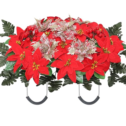 IDMOP Christmas Cemetery Flowers for Grave Headstone Flower Saddle Artificial Red Poinsettia Berry Bow Grave Flowers for Winter Outdoor Grave Decorations (Red)