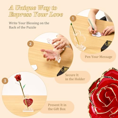 Mikasol Real 24K Gold Dipped Realistic Rose – Timeless Lifelike Bloom with Heart Puzzle Base – Romantic Red Flower Gift for Her, Wife, Girlfriend, Mom – Birthday, Anniversary, Mother’s Day (Red) - Image 4
