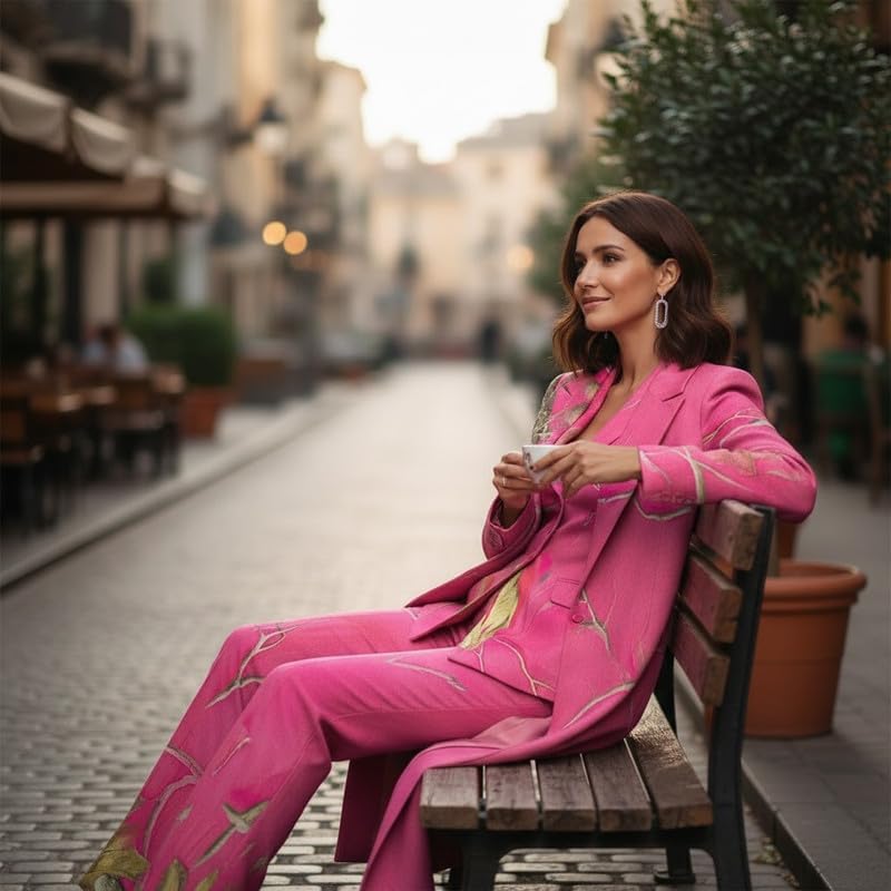 Women's 3 Piece Suit Camo Collection Peak Lapel Blazer V Neck Vest High Waisted Pants for Outdoor Hiking