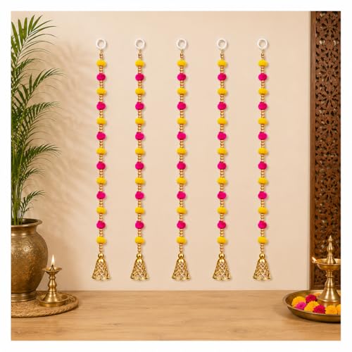 Image of Bindian Pom Pom Beads & Golden Bell Toran for Main Door, Pack of 5 Home Decor Wall Hanging Decoration, Door Hanging Decorative Items, Pooja Room Decor, Festival Decoration