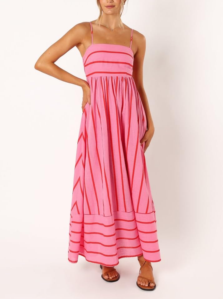 Image of Women Striped Maxi Dress Smocked Backless Spaghetti Strap Long Flowy Dress Sleeveless Boho Aline Sundress