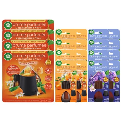 Air Wick Brume - Lote de 4 difusores luminosos, flor de limonero, 20 ml + 16 recargas: 8 flores de limonero + 8 lavanda y eucalipto