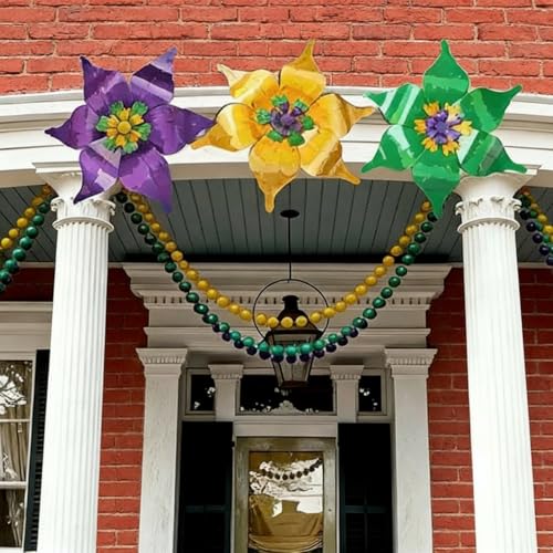 Threehoney 22.44 Inch Large Mardi Gras Carnival Float Flower Decoration 3D Carnival House Float Paper Flower Gold Green Purple Mardi Gras Yard Accessories Fat Tuesday Party Decoration