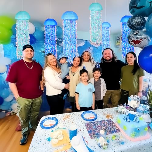 10" Blue Hanging Jellyfish Paper Lanterns - Under the Sea Party & Mermaid Birthday Decorations, Baby Shower, Nautical Events, Ocean Theme Classroom & Beach Room Decor (Set of 6)