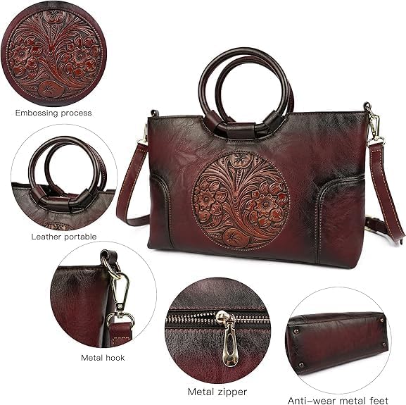 Vintage Leather Purse for Women Clutch Satchel Top-Handle Tote Bag Embossed Totem Shoulder Handbags - Image 3