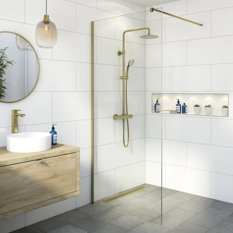 BAYSTONEยฎ 760mm Wet Room Shower Screen Panel 8mm Toughened Safety Easy Clean Glass Walk in Shower Enclosure, Frameless, Brushed Brass