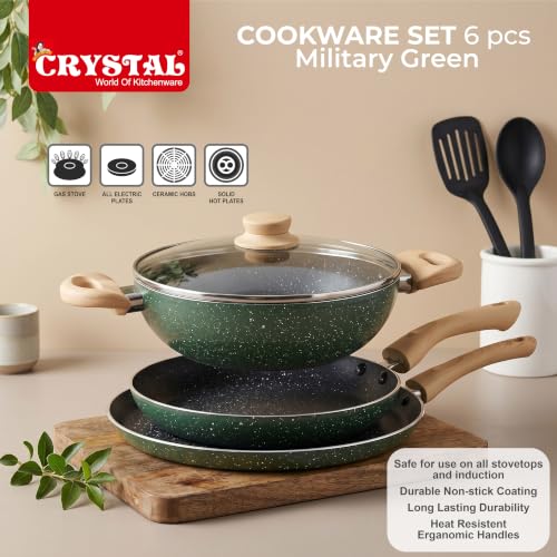 Image of Crystal Aluminum 6 Pcs Non Stick Cookware Set with Induction Bottom | Tawa, Fry Pan, Kadhai with Lid, Laddle & Spatula | Durable 4 Layer Non Stick Coating | Military Green