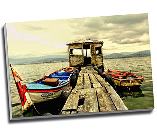 Old Sea Jetty And Boat Canvas Print Wall Art Picture Canvas Prints Large A1 30 X 20 Inches (76.2Cm X 50.8Cm)