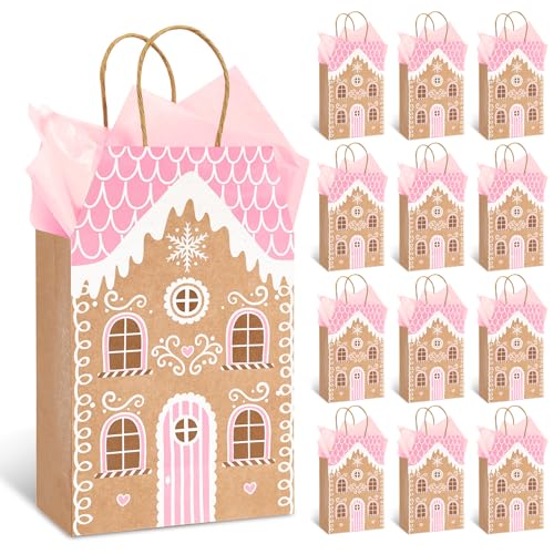 Whaline Winter Paper Gift Bags with Handles Xmas Pink Gingerbread Snow House Shaped Treat Candy Goodies Bags with Tissue Paper for Christmas Holiday Baby Shower Party Favors Housewarming Gifts 12 Set