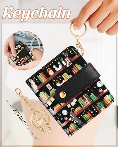Image of Bistup Small Card Wallet for Women with Keychain, Cat & Bookshelf | Clear ID Window, Compact Design for Daily Carry, Durable Material, Sturdy Keychain, Aesthetic