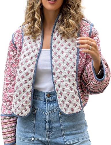 Womens Cropped Puffer Jacket Lightweight Floral Print Open Front Short Outerwear Coats Quilted Padded Jackets