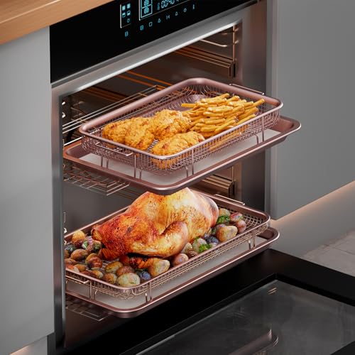 Image of Air Fryer Basket for Oven, THORSES 2 Set Oven Air Fryer Basket and Tray Set | with 60 Sheets Parchment Papers, Carbon Steel NonStick Air Fryer Pans and Tray-Large15 inchx11 inch & Medium13.4 inchx9.6 inch-Pink
