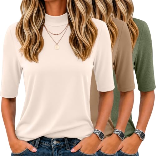 Ficerd 3 Pack Women's Mock Neck Tops Ladies Half Sleeve Shirts S