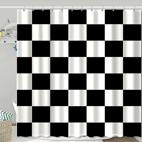 Miniatura 2 de Cortina de ducha a cuadros en blanco y negro de 72 x 72 pulgadas, bonito tablero de ajedrez retro, tema estético, decoración de baño para niños,