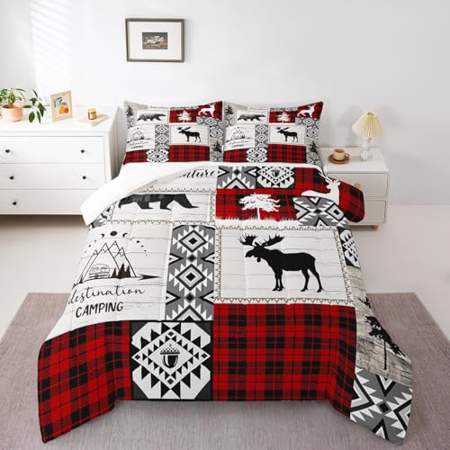 Deer Antlers Bear Kids Comforter Set King Size,Plaids Aztec Arrows Patchwork Bedding Set for Boys Girls Adults Room Decor,Rustic Adventure Xmas Down Comforter,Red Retro Duvet Insert,2 Pillowcases