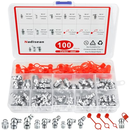 Nadisean 100 Stück Schmiernippel Sortiment Kit Schmiernippel Set M6 M8 M10 Gerade und Abgewinkelt 45 90  Kegelschmiernippel für Schmierpressen Hydraulik Fettnippel mit Kappen Aufbewahrungsbox
