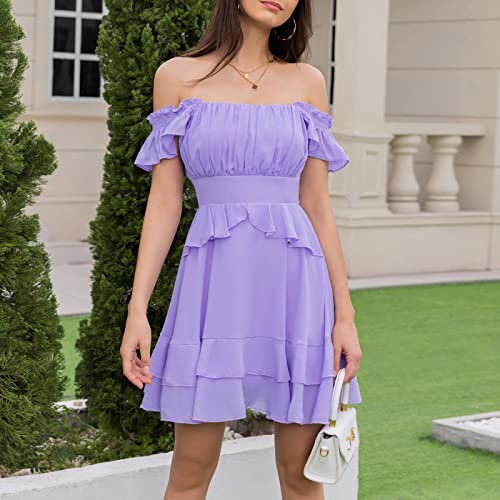 Byinns Women's Summer Ruffle Dress Sundresses Tiered Dress Off Shoulder Smocked Sleeveless Flowy Dresses Purple #TOP3