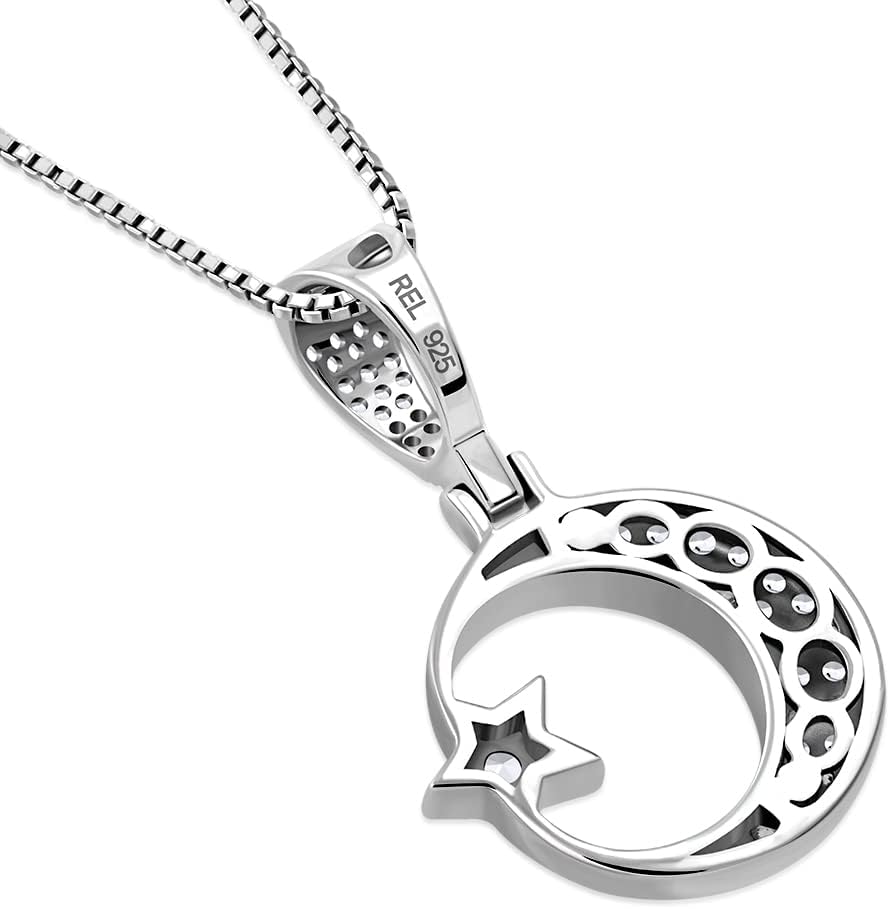 My Daily Styles 925 Sterling Silver CZ Islamic Muslim Pendant Necklace with Crescent Moon and Star Design